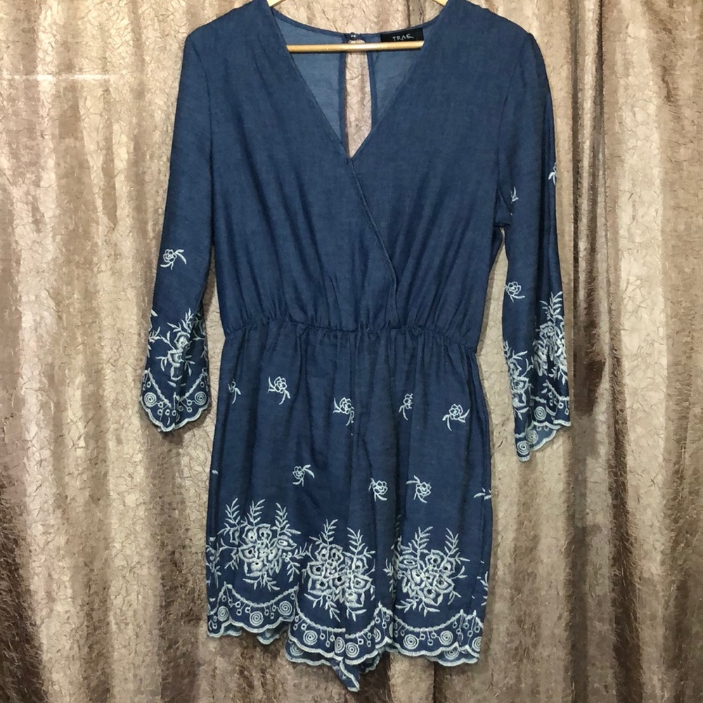 NEW Chambray Embroidered Romper - Picture 2 of 4
